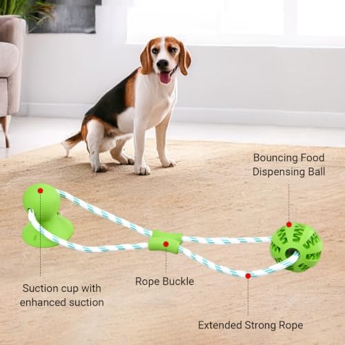Dog Toy Suction Cup Tug of War, Interactive Chew Toy for Aggressive Chewers, Puppy Teething & Teeth Cleaning, Treat Dispensing Puzzle Ball, Rope Toys for Dogs - Green