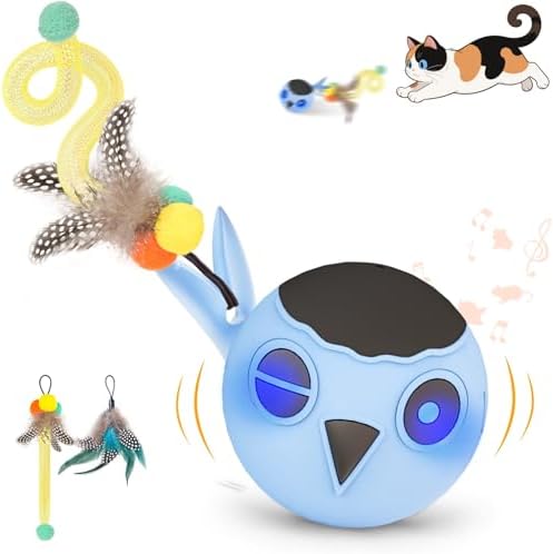 Cat Ball Toy, Upgraded Smart Motion Sensor Moving Ball with 3 Speed Modes & 4 Sounds, Interactive Toy for Indoor Cats, Motion Activated, Chirping Light, 2 Feather Tails(Blue)