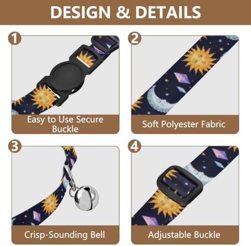2 Pack Small Dog Collar Moon Sun Navy Dog Bell Collar, Adjustable Length 10.6" to 17.1"