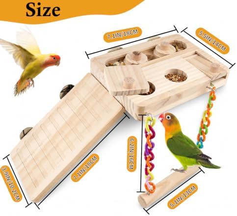 FlidRunest Wooden Bird Foraging Puzzle Platform Swing with Climbing Ladder for Parrots, Parakeet, Cockatiel, Sun Conures - Birds Interactive Mental Enrichment Toy, Bird Seed Slow Feeder Toy for Cage