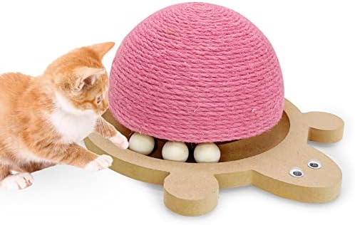 Fhiny Cats Scratching Ball, Natural Sisal Scratching Toy with Roller Track Toys and Wooden Base Kitten Turtle Shape Scratch Post for Indoor Cats Interactive Training Exercise Scratcher for Small Pets