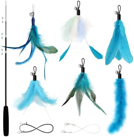 SONGWAY Cat Wand Toys for Indoor Cats - Cat Toy Set with Retractable Teaser Wand and 6 PCS Fairy Feather Toy Refills, Dragonfly Tassel Plush Cat Toys Interactive, Blue
