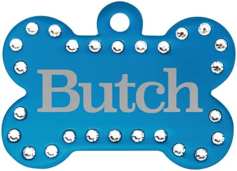 Signature Custom Laser Engraved Anodized Aluminum Pet ID Tags (Blue, Swarovski Crystal Bone 1 1/2" x 1")