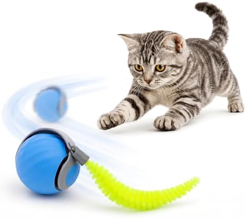 Interactive Rolling Cat Ball Toy, Automatic Moving Cat Toy with Detachable Plush Tail, Dual Speed & Dual Mode Rechargeable Indoor Kitten Exercise Toy（1.97In,0.09lb,Blue）