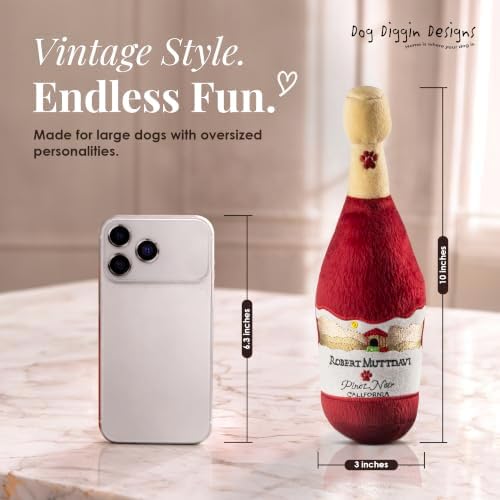Dog Diggin Designs Robert MUTTdavi Wine Plush Dog Toy | Luxury-Inspired Parody Wine Bottle Dog Toy with Squeaker, Soft Plush Novelty Dog Toy – Shaken, Not Stirred!