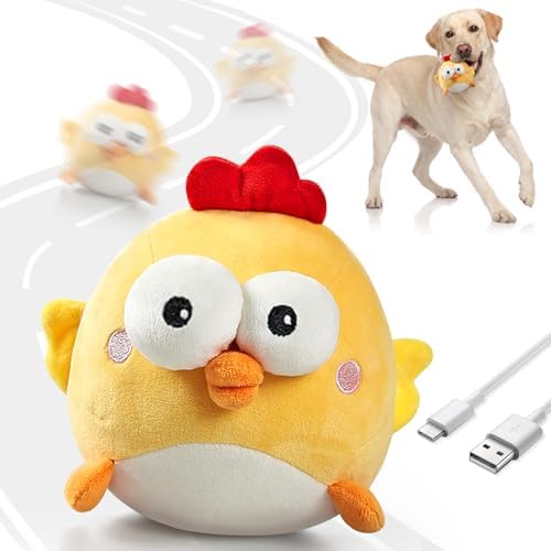 Interactive Dog Toy Ball, Upgrade Automatic 1.5H Jumping Ball with Motion Activation for Small Large Dogs, 2 in 1 Rechargeable Move Plush Toy Pets Keep Busy, No Music (Yellow Chicken)