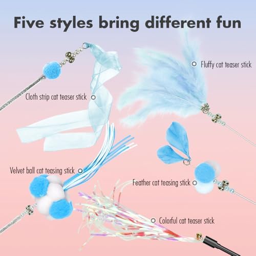 Cat Wand Toys, 5Pcs Interactive Kitten Feather Wand Toys for Bored Indoor Cats, Cat Teaser Wand with Bell and Crinkly Paper, Blue