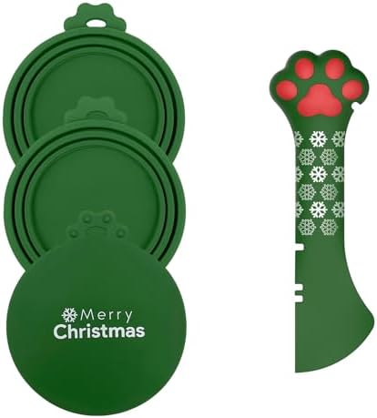 Christmas Pet Set - 3 Cat Food Can Lids & 1 BPA-Free Can Opener | Cute Paw Shape Opener Spatula Spoon for Wet Food | Silicone Spoon & Covers for Dog Cat - Christmas Green