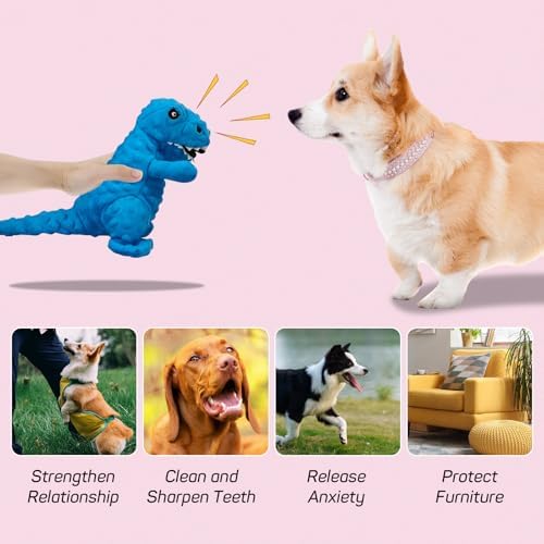 Andiker Dog Squeaky Toys, 8.66 in Plush Dogs Toy Soft Dogs Chew Toys in Dinosaur Shape for Chewing Biting Stuffed Dog Toys with a 3.93 in Squeaker and Crinkle Paper for All Puppy (Blue)