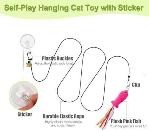 Door Hanging Cat Toys with Suction Cups, Interactive Hanging Feather & Plush Cat Toy with Bell, Assorted Replaceable Refills for Indoor Kitten Hunting Exercise (10 Pcs Assorted Set)