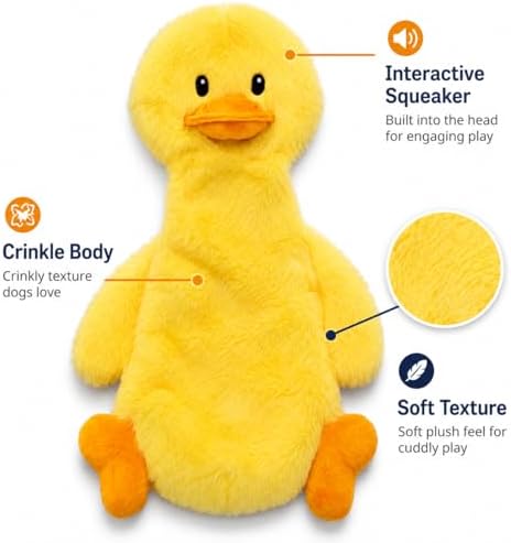 Interactive Crinkle Duck Dog Toy – No Stuffing Plush Squeaky Pet Toy (14"x8"), Tear-Resistant Reinforced Stitching, Odor-Free Chew Toy, Keeps Them Busy for Small, Medium & Large Dogs