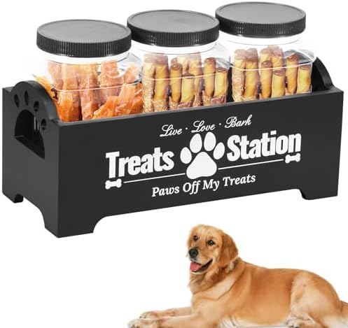 Dog Treat Container, Dog Food Storage Container with 3 Plastic Treat Jars, Wood Countertop Dog Treat Holder, Reusable Dog Treat Storage Organizer, Pet Food Container for Dogs Cats (black)