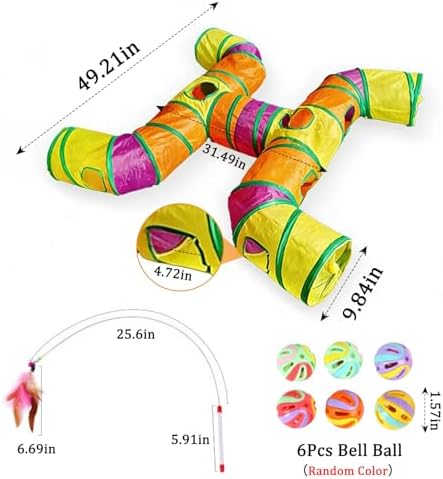 4-Way Large Cat Tunnel, H Shape Cat Tube Toy with Interactive Playing Balls, Peek Hole for Indoor Cats, Kitten, Kitty, Puppy, Rabbit (Multicolor)