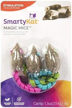SmartyKat Magic Mice Compressed Catnip and Ribbon Cat Toys, Mess-Free for Hunting & Batting Fun for Cats & Kittens, Set of 3