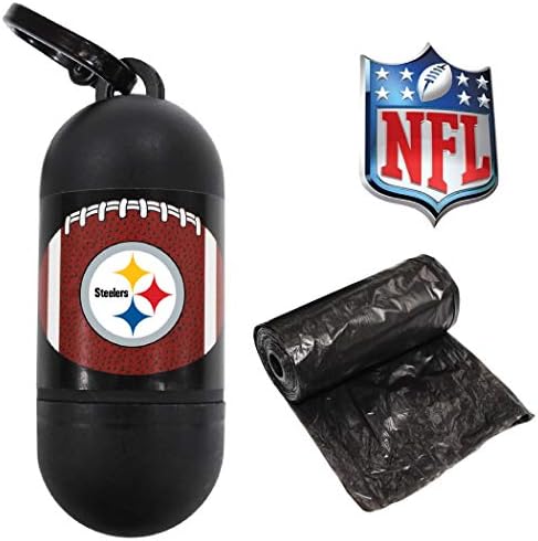 Pets First NFL PITTSBURGH STEELERS PET LICENSED Poop Waste Bag Dispenser and D Ring for Leash with 15 Premium Garbage Bags