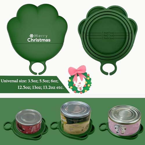 Christmas Pet Set - 3 Cat Food Can Lids & 1 BPA-Free Opener | Cute Paw Shape Can Covers and Opener Spatula Spoon for Wet Food | Silicone Spoon & Covers for Dog Cat - Paw Green