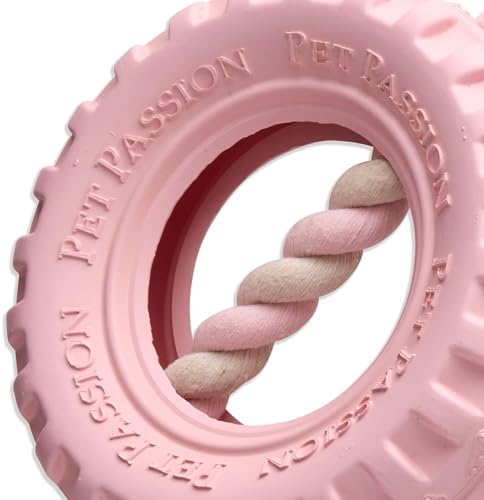 Pet Passion Natural Rubber Tire and Organic Cotton Rope Pull and Chew Dog Toy for All Pet Breeds, Blush, Large