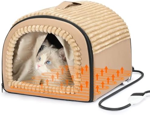 Smart Heated Cat Bed Cave Pet House for Indoor Cats & Small Dogs, Washable & Foldable with Removable Cushion, 17.72x14.96x12.6 inches, Brown