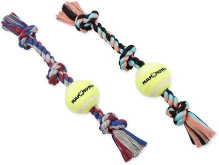 Mammoth Flossy Chews Color 3 Knot Tug w/Standard Tennis Ball – Premium Cotton-Poly Tug Toy for Dogs – Interactive Rope Dog Toy 20” - 2 Pack Assorted Colors