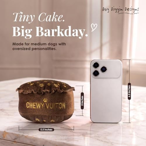 Dog Diggin Designs Chewy Vuiton Barkday Cake Plush Dog Toy | Luxury-Inspired Parody Designer Cake with Squeaker, Soft Plush Celebration Dog Toy – Prêt-à-Porter Play!