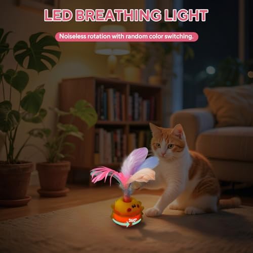 LIFLIX Interactive Automatic Cat Feather Toy, Rotating with LED Light, Rechargeable Electronic Chirping Toys for Indoor Cats, Yellow
