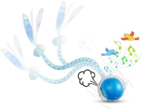 Interactive Cat Toys for Indoor Cats, Fast Rolling, Chirping, Motion Activated Automatic Cat Toy for Enrichment, Smart Cat Ball Toy 1 Count with 2 Tails and 3 Speed Adjustment, Blue