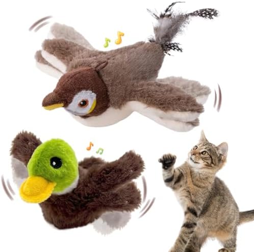 2 Pack Interactive Flapping Bird & Green Duck Cat Toy, Motion Activated Chirping Cat Toy with Catnip, 3 Modes USB Rechargeable Washable Simulation Flying Bird Toys for Indoor Cats