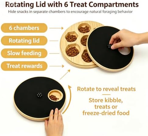 2 in 1 Wooden Pet Slow Feeder Puzzle Toy, Rotating Treat Dispenser with Nail Scratch Pad for Dogs Cats