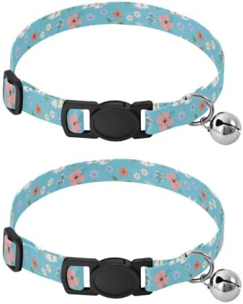 Cute White Bunnies Colorful Floral Cat Collars with Bell 2 Pack Cat Collar Adjustable Length 10.6" to 17.1"