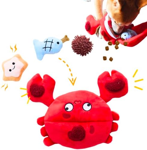 Hide and Seek Plush Dog Toys, Crab Interactive Toy for Small Dogs, Red Puppy Puzzle Squeaky Toys with Crinkle Papers, Durable Snuffle Dog Toys for Medium Pet