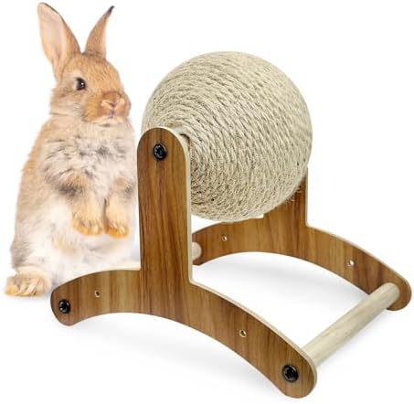 Fhiny Rabbit Scratch Toy, Natural Sisal Rabbit Scratching Ball Sisal Rope Bunny Claw Scratcher Rotating Ball Interactive Toys Nail Scratching Post for Indoor Pets Kittens Ferrets Small Animals