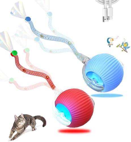 2 Pcs Interactive Cat Toys for Indoor Cats,Kitten Toys with Chirping & Motion Activate,Interactive Cat Toy for Bored Indoor Adult Cats,Red and Blue