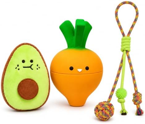 Cute Dog Toys for Small Dogs, Vegetable Puppy Toy Set with Squeaky Carrot, Avocado Plush & Rope Tug Toys, Interactive Puppy Starter Kit (Bright Orange)