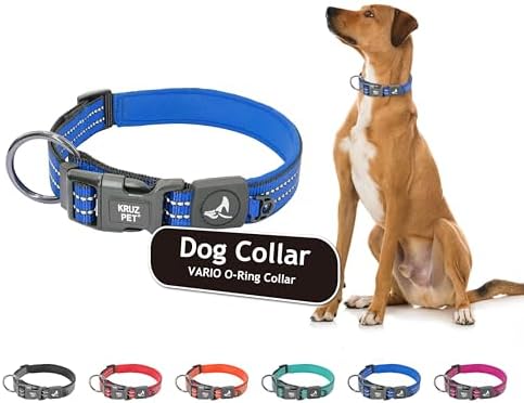 Kruz Dog Collar for Large Dogs (Width- 1", Length - 25"-27.5") Reflective Adjustable Pet Neck Band with Comfortable Neoprene Padding, Heavy-Duty O-Ring, 100% Nylon Strap (Blue, X-Large)