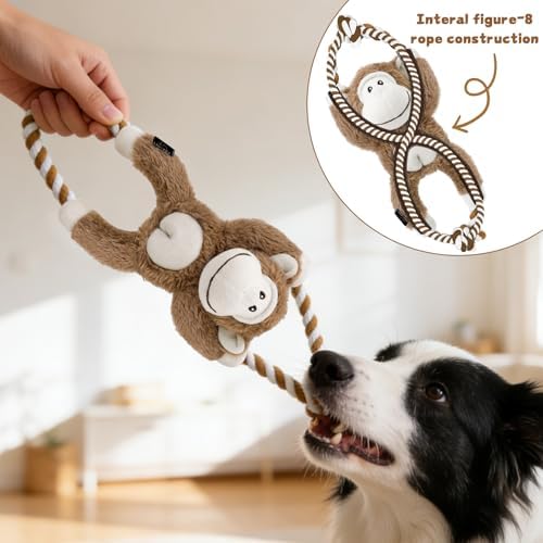 Squeaky Dog Plush Toys No Stuffing Interactive Puppy Chew Toys to Keep Them Busy, Durable Tug of War Dog Toys for Small, Medium and Large Breed - Monkey