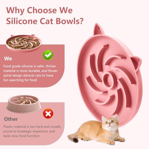 2Pcs Silicone Slow Feeder Cat Bowl,Puzzle Feeder,Interactive Toys,Slow Feeding cat Bowl Suitable for All Dry and Wet Foods,Easy to Clean Silicone Bowls(Grey and Pink)