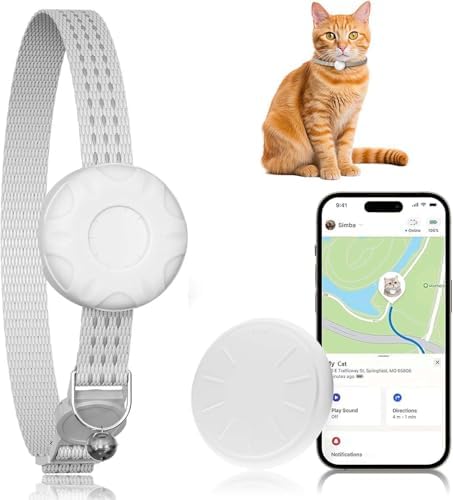 Cat Tracker, GPS Tracker Compatible with Apple Find My App(Only iOS), Waterproof Cat Tracker Collar with Bell and Safety Elastic Buckle, No Subscription, Up to 1-Year Battery (White)