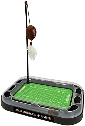 CAT BELL BALL NFL New Orleans Saints Football Field CAT Scratcher Toy with Catnip Filled Plush Football Toy & Feather Cat Toy Hanging, with Jingle Bell Interactive Ball Cat Chasing 5-in-1 Kitty Toy