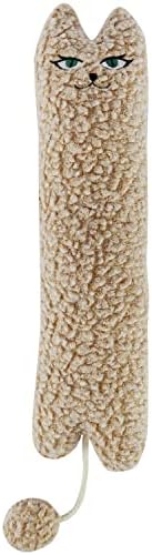 TTcat 14.6 Inch Large Curly Plush Pillow Cat Kicker Toy with Catnip Silvervine Powder, Soft Stuffed Cat Chew Toy with Tail, Interactive Toy for Indoor Cats and Kittens(Beige).
