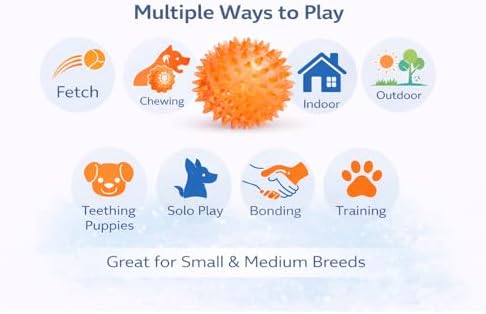 Squeaky Spiky Dog Balls for Teeth Cleaning & Gum Massage 2.5 Inch Small Medium Dogs Orange | Spiny TPR Rubber Chew Toys for Fetch Play Interactive Bouncy Dental Balls BPA Free Nontoxic Floats - 3 Pack