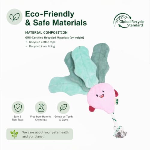 Green Sheep Interactive Plush Dog Toy, No Stuffing Squeaky Toy with Recycled Cotton Rope for Medium to Large Dogs, Chew Toy, Radish