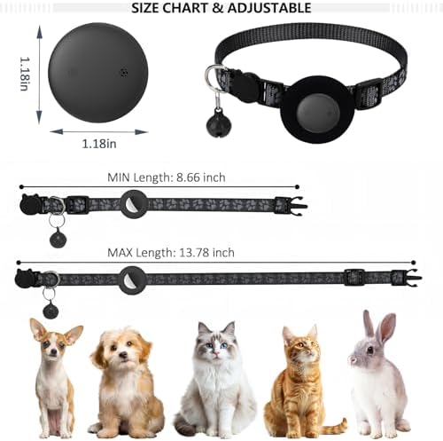 GPS Tracker for Cats, Mini GPS Pet Tracker with Collar, IPX8 Waterproof Cat Trackers Collar,No Monthly Fee,Work with Apple Find My(iOS Only),Smart Trackers for Pets-Black-2