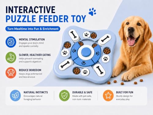 Dog Puzzle Feeder Toy, Interactive Treat Dispensing Puzzle Game, Slow Feeder Bowl for IQ Training, Treat Hiding, Foraging Play, Mental Stimulation and Enrichment for Small and Medium Dogs
