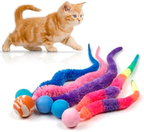 Mixed Bouncy Ball with Tail Cat Toys,5 Packs Rainbow Magic Worm with Ball Toy for Cats,Colorful Fuzzy Worm Bouncy Balls Cat Toy