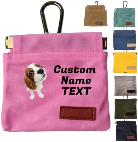 Custom Dog Treat Pouch with Image Logo Name,Portable Puppy Dog Training Treat Bag,Self-Closing Pet Feed Snack Reward,Hand Free Dog Walking Bag with Carabiner (Pink)