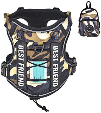 Petmolico No Pull Dog Harness, 2 Leash Clips Tactical Dog Harness Soft Padded Reflective Service Dog Vest with Dog Treat Pouch for Outdoor Walking Training, Camouflage Small