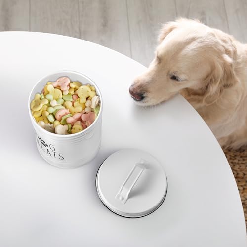 OUTNILI Large Dog Treat Container Airtight - 6.6" Tall X 6" Round White Dog Treat Jar for Kitchen Counter - Rustic Treat Storage Canister for Dogs, Cats, Small Animals - Gifts for Pet Owners