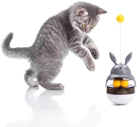 Cat Treat Puzzle Toy, Auto-Balancing Pet Food Dispenser - Brain Stimulating - Slow Feeder - Boredom Relief Kitten Toys, Interactive Training, Indoor Bored Cats (Grey)