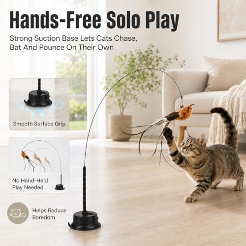 8 PCS Interactive Bird Simulation Cat Toy Set,Cat Wand Toy Feather Stick Cats Toys,2 Self-Holding Suction Cup Bases and 5 Replacement Birds,Durable Feather Wand Bird for Indoor Bored Cats