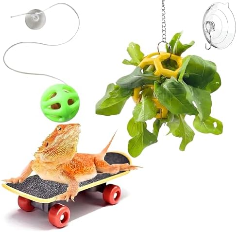 Reptile Tank Accessories Set with Interactive Feeder Ball, Skateboard Toy, Exercise Bells for Bearded Dragon, Lizard, Gecko Enrichment and Activity